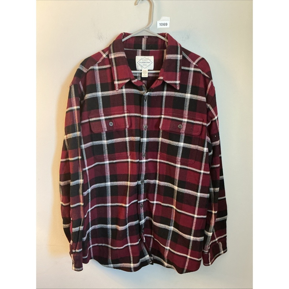 St Johns Bay Mens 2XL Red Plaid Soft Flannel Button Up Shirt Long Sleeve Pockets